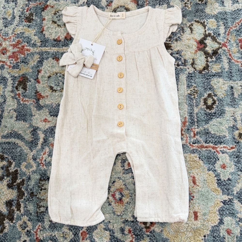 Olive & Cradle Romper Girls 0-3M Oatmeal Linen Flutter Sleeve Boho NWT